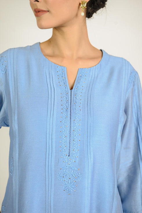 Stone Blue Chikan Mukaish Kurta Set