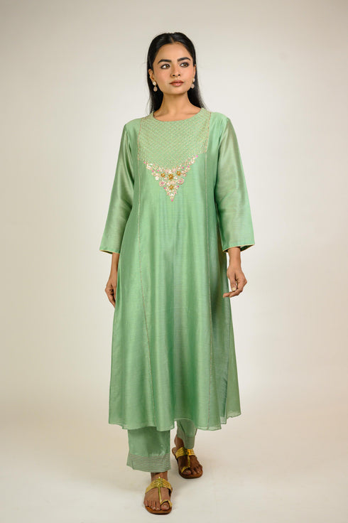 Mint Embroidered Yoke Chanderi Kurta Set