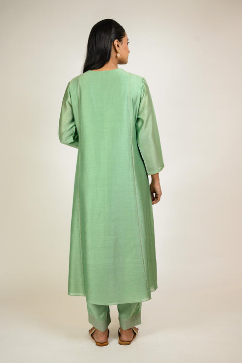 Mint Embroidered Yoke Chanderi Kurta Set