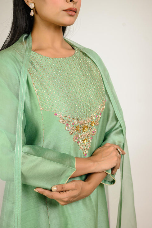 Mint Embroidered Yoke Chanderi Kurta Set
