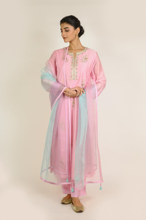 Soft Pink Kali Chanderi Kurta Set