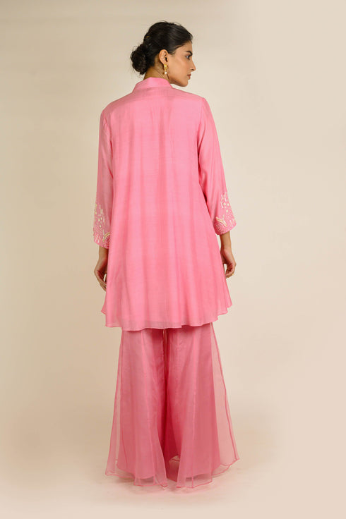 Soft Pink Embroidered Tunic with Organza Sharara