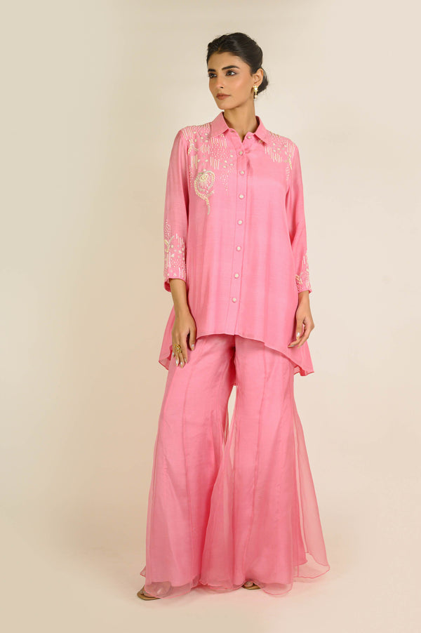 Soft Pink Embroidered Tunic with Organza Sharara