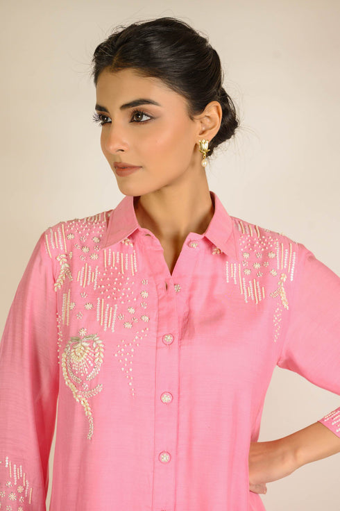 Soft Pink Embroidered Tunic with Organza Sharara