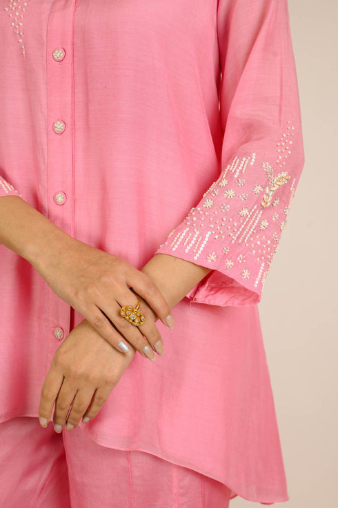 Soft Pink Embroidered Tunic with Organza Sharara