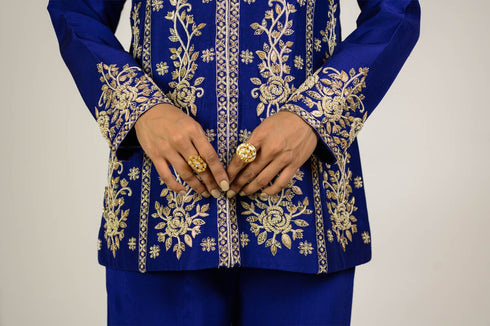 Purple Blue Silk Jacket with Sharara