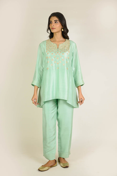 Mint Asymmetrical Embroidered Silk Co-ord Set