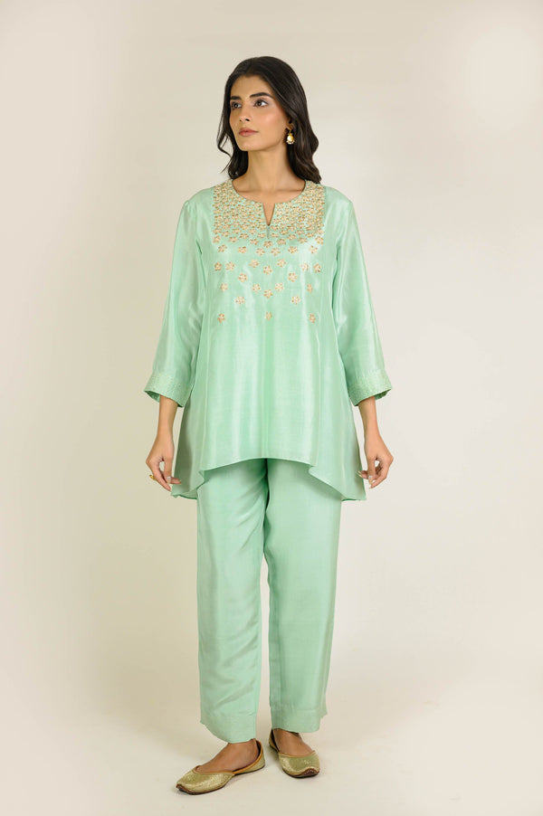 Mint Asymmetrical Embroidered Silk Co-ord Set