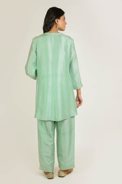 Mint Asymmetrical Embroidered Silk Co-ord Set