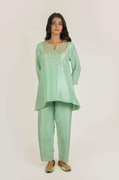 Mint Asymmetrical Embroidered Silk Co-ord Set