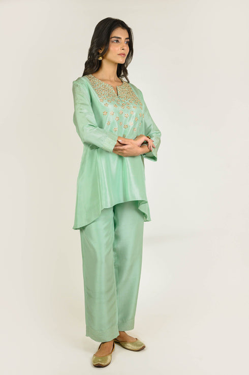 Mint Asymmetrical Embroidered Silk Co-ord Set