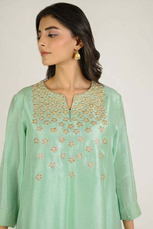 Mint Asymmetrical Embroidered Silk Co-ord Set