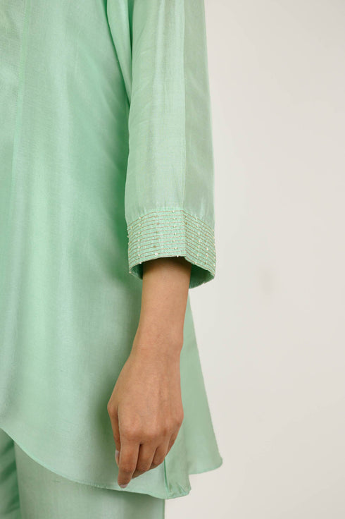 Mint Asymmetrical Embroidered Silk Co-ord Set
