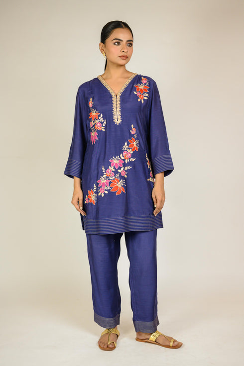Navy Floral Appliqué Cotton Silk Co-ord Set