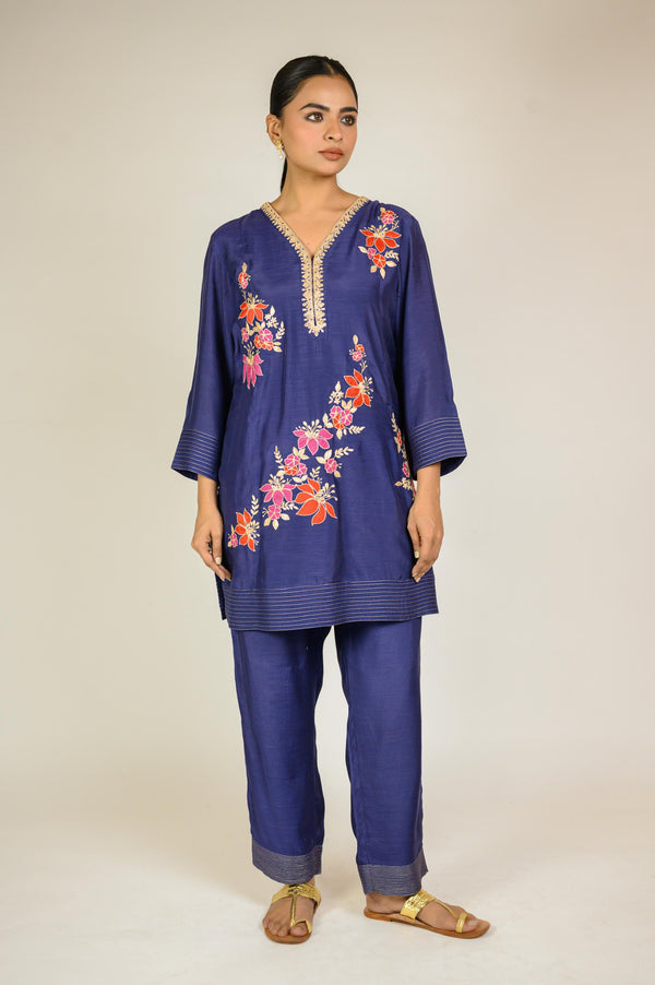 Navy Floral Appliqué Cotton Silk Co-ord Set