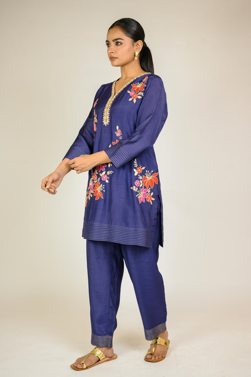 Navy Floral Appliqué Cotton Silk Co-ord Set