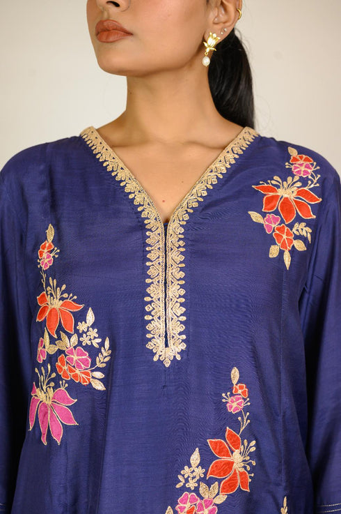 Navy Floral Appliqué Cotton Silk Co-ord Set