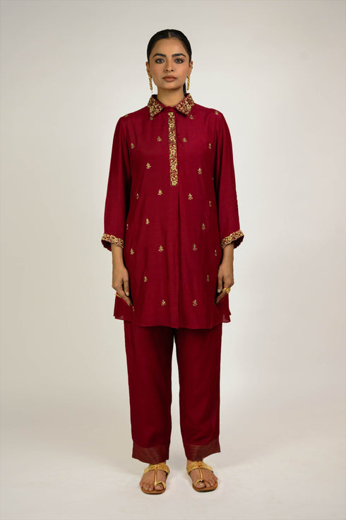 Maroon Embroidered Cotton Silk Co-ord Set