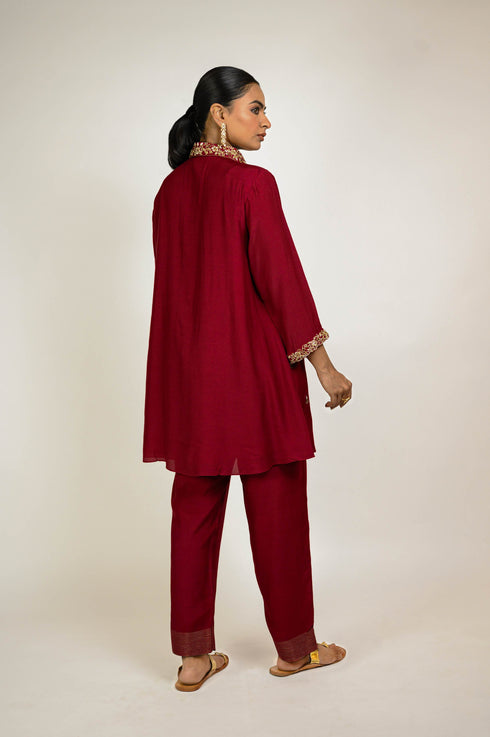 Maroon Embroidered Cotton Silk Co-ord Set