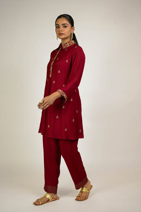 Maroon Embroidered Cotton Silk Co-ord Set