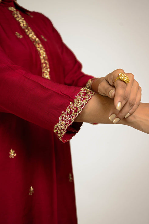 Maroon Embroidered Cotton Silk Co-ord Set