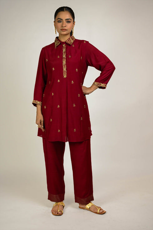 Maroon Embroidered Cotton Silk Co-ord Set