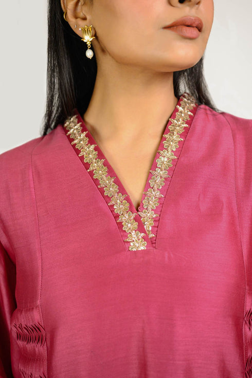 Berry Pink Smocked Gota Chanderi Kurta Set