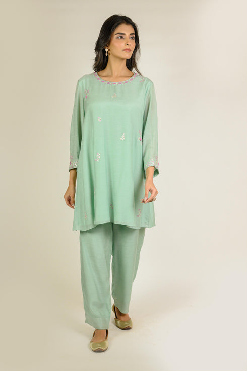 Mint Floral Boota Cotton Silk Co-ord Set
