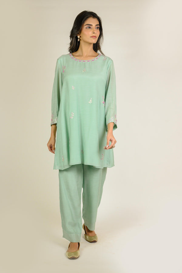 Mint Floral Boota Cotton Silk Co-ord Set