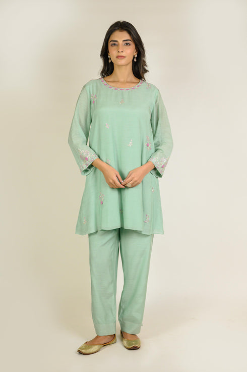 Mint Floral Boota Cotton Silk Co-ord Set