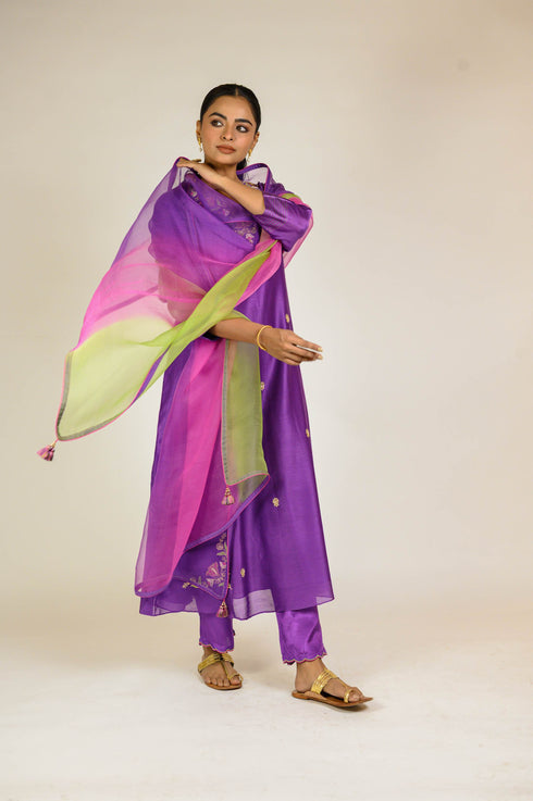 Purple Scalloped Embroidered Suit Set