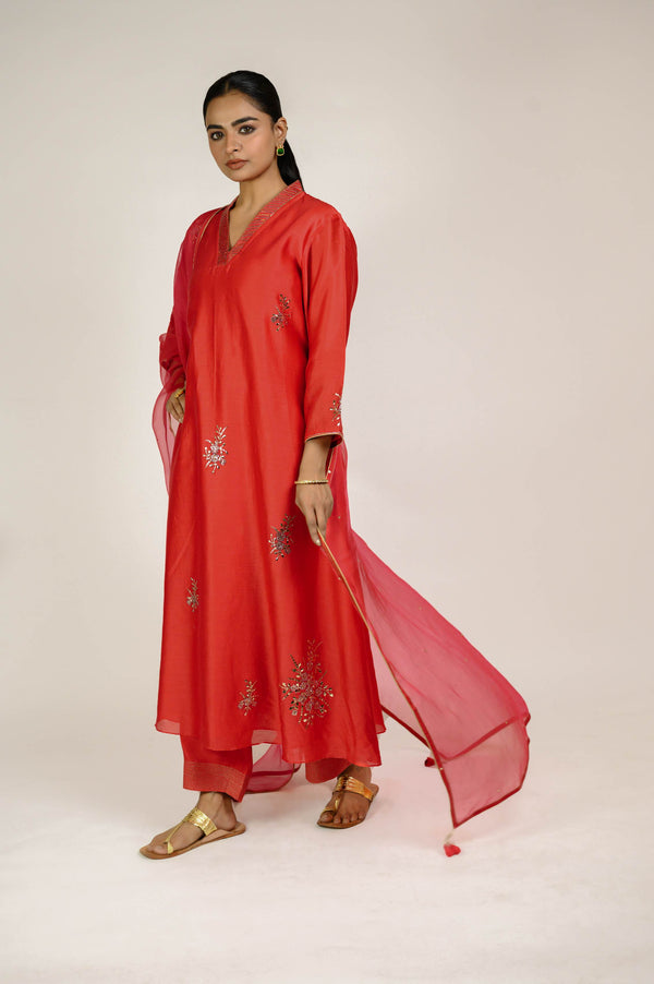 Deep Red Mukaish Chanderi Suit Set