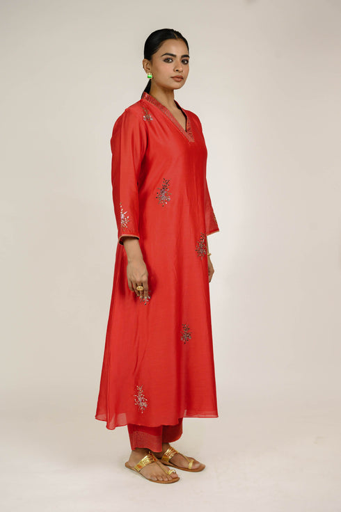 Deep Red Mukaish Chanderi Suit Set