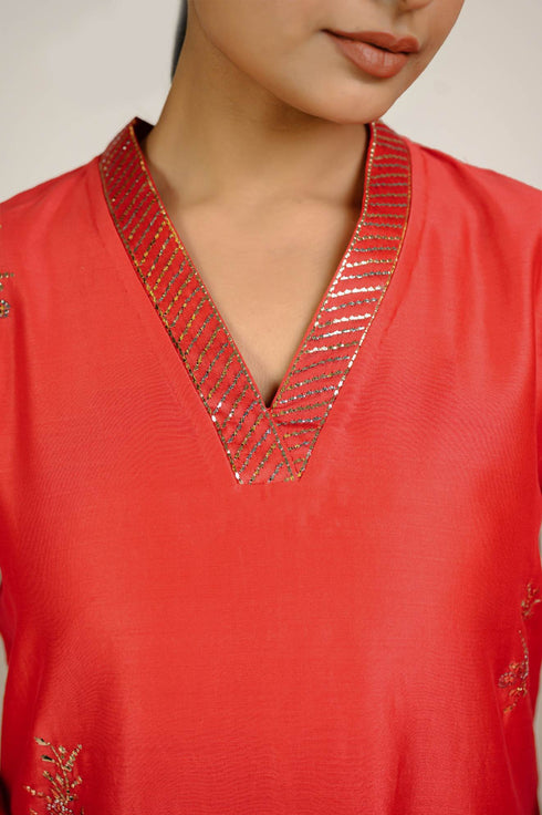 Deep Red Mukaish Chanderi Suit Set