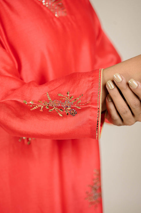 Deep Red Mukaish Chanderi Suit Set