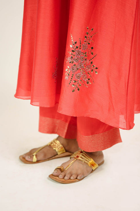 Deep Red Mukaish Chanderi Suit Set