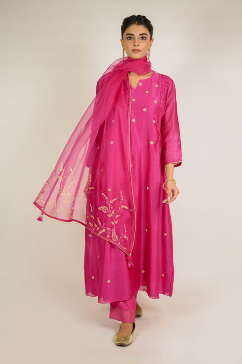 Deep Pink Smocked Chanderi Kurta Set