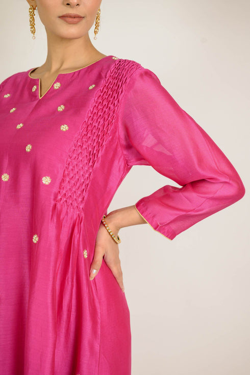 Deep Pink Smocked Chanderi Kurta Set