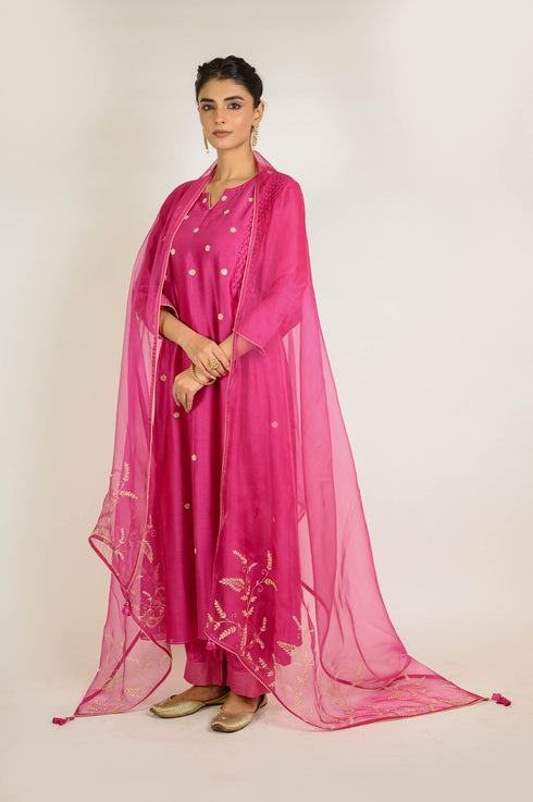Deep Pink Smocked Chanderi Kurta Set
