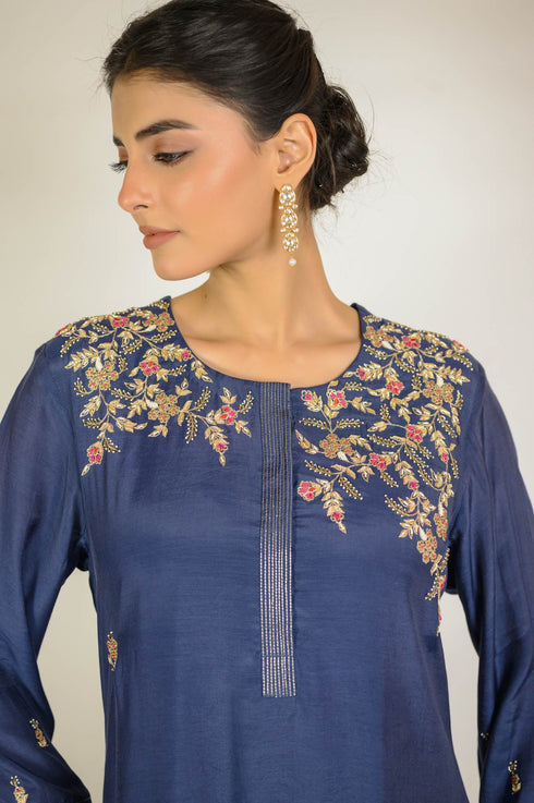 Navy Shoulder Embroidered Kurta Set