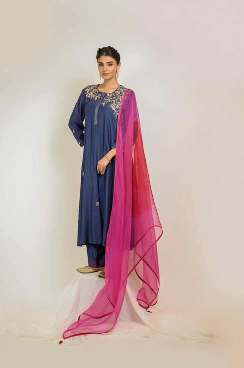 Navy Shoulder Embroidered Kurta Set