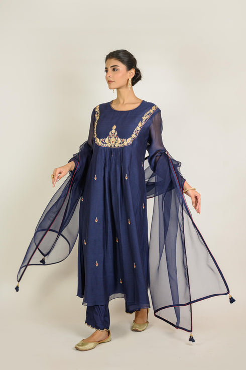 Navy Yoke Embroidered Chanderi Kurta Set