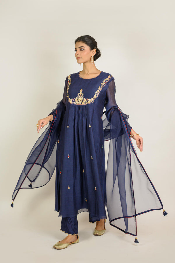 Navy Yoke Embroidered Chanderi Kurta Set