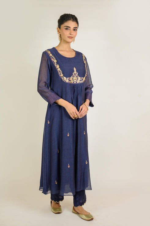 Navy Yoke Embroidered Chanderi Kurta Set