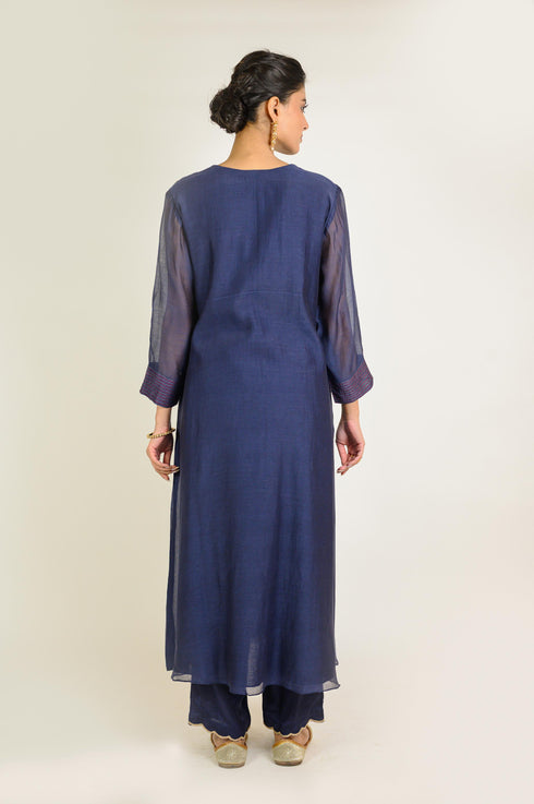 Navy Yoke Embroidered Chanderi Kurta Set