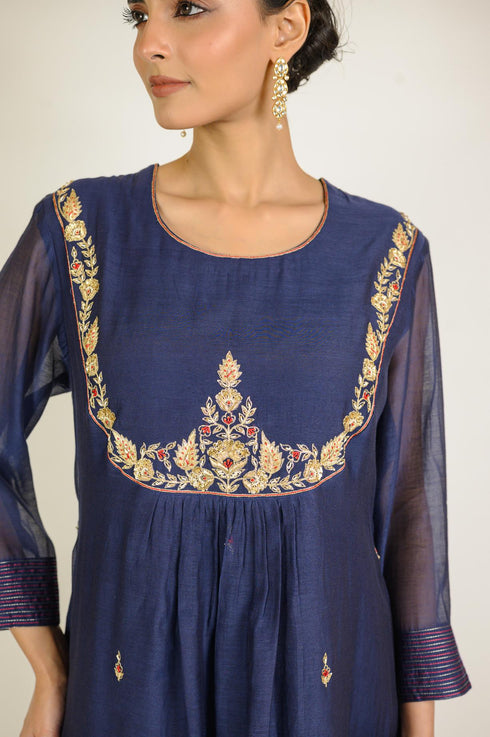 Navy Yoke Embroidered Chanderi Kurta Set