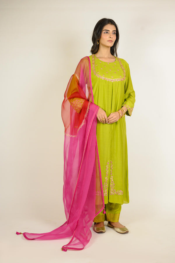 Lime Angarkha Embroidered Kurta Set