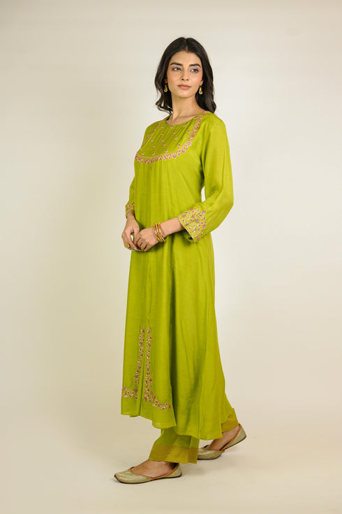 Lime Angarkha Embroidered Kurta Set