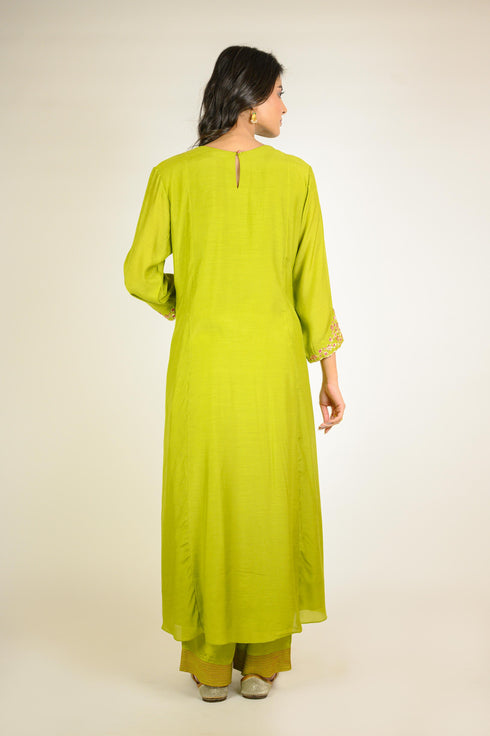 Lime Angarkha Embroidered Kurta Set