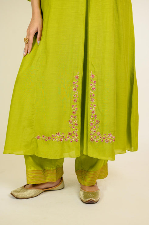 Lime Angarkha Embroidered Kurta Set